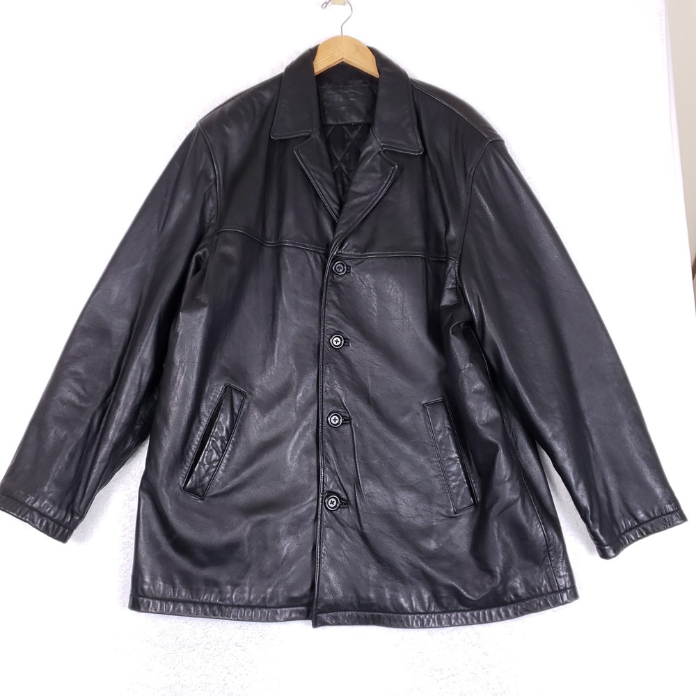 CRB Khakis Vintage‎ Leather Jacket Mens XL Black Car Coat Quilted Lined 90s Y2K